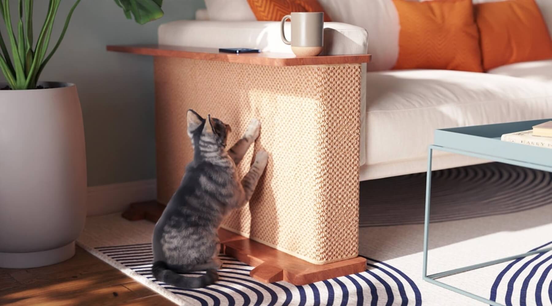 A grey kitten scratching a sisal-covered cat-e-corner attached to a side table, showcasing the best sofa protector for cats