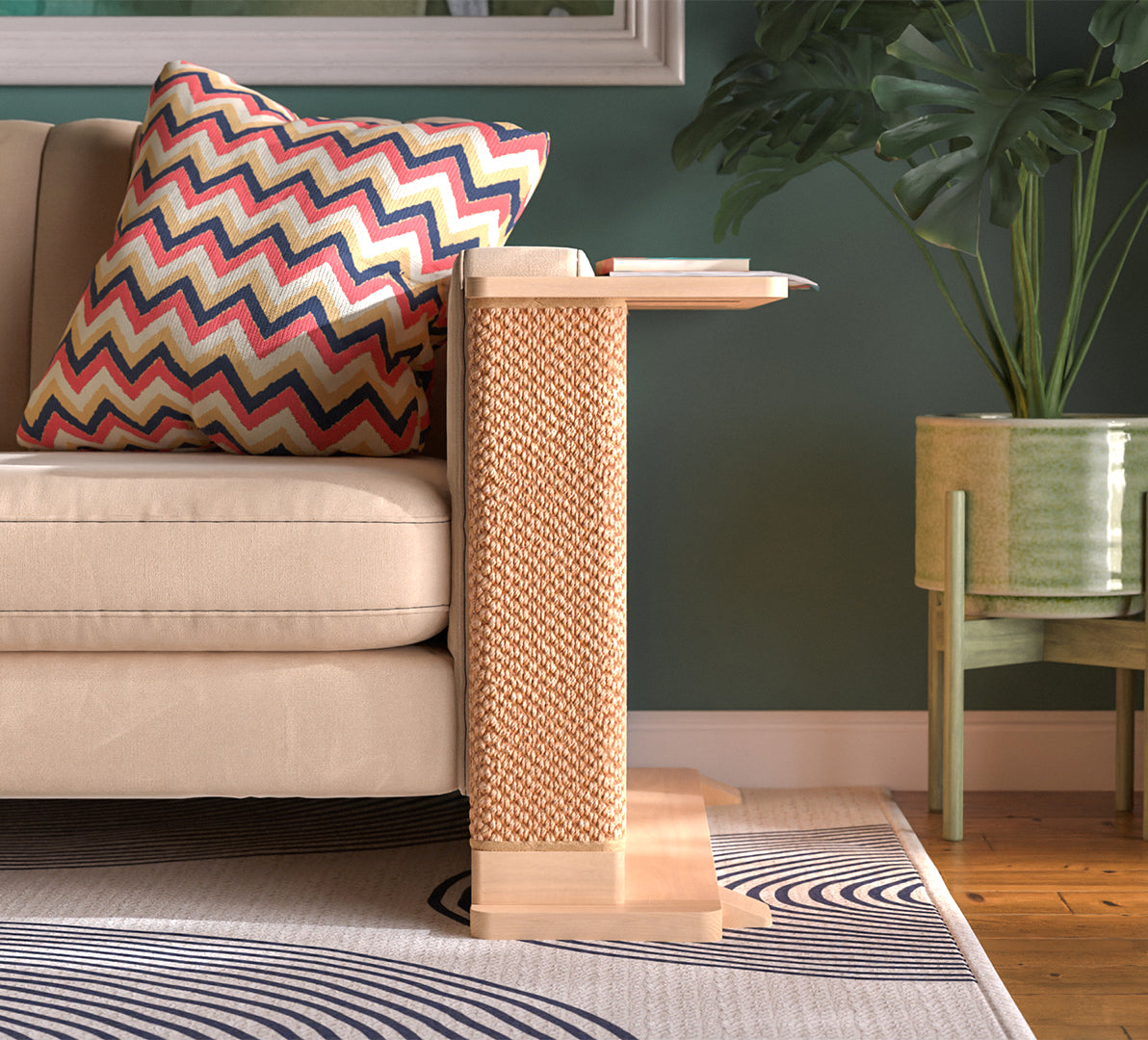 A Cat-e-Corner table placed next to a sofa, integrating a cat's scratching post with a small table, in a room with a plant and a colorful cushion.